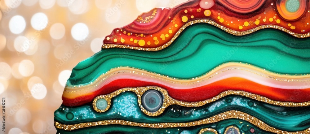 Poster close up view of a vibrant, multicolored agate geode slice. the image showcases swirling layers of t