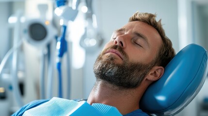 A man with a beard is resting in a dental chair, displaying a calm expression while undergoing a dental procedure in a modern clinic environment.