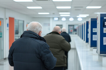 Waiting in Line: Several older men stand in a line, possibly at a government office or a clinic, waiting their turn with an orderly queue of kiosks.