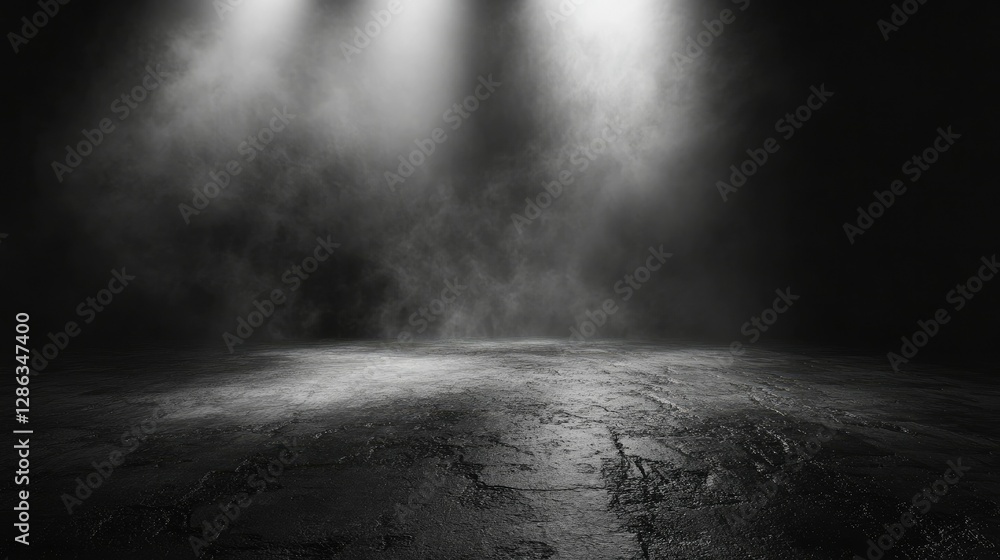 Poster black foggy room with a glowing light source barely illuminating the rough floor texture