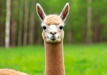 Obraz premium Close up portrait of a light brown alpaca in a green field, looking directly at the camera. Soft natural light, blurred green background of trees