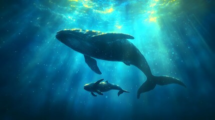 Naklejka premium Majestic Humpback Whales Swimming in Tranquil Ocean Depths