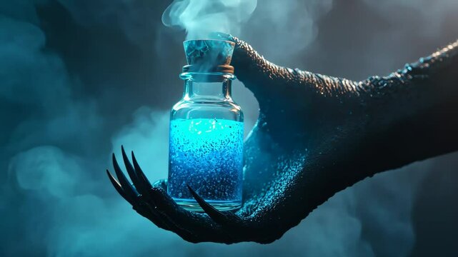 Mystical hand holds glowing potion bottle amidst enchanting smoke in dramatic light