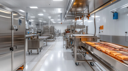 Obraz premium Food production process industrial kitchen photography clean environment wide-angle view modern concept