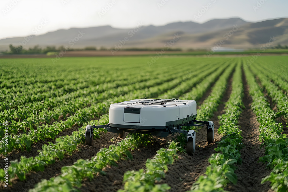 Poster autonomous robot navigating rows of crops in a vast, green field under a clear sky, demonstrating pr