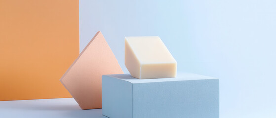 Artistic display of minimalist soap shapes on geometric blocks modern studio setting photography aesthetic viewpoint