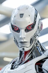 Fototapeta premium Close up portrait of a female humanoid robot with white and silver metallic body, red glowing eyes, and intricate details. Futuristic and