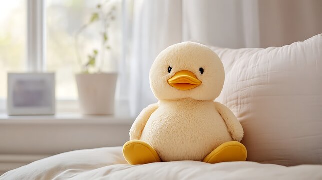 A soft huggable stuffed duck resting on pillow in a childs room