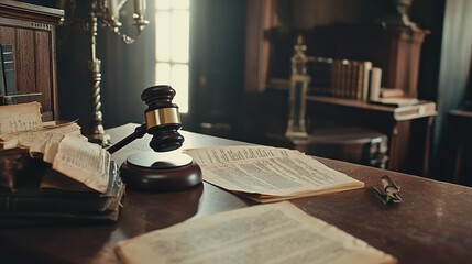 A lawyer's desk with a wooden gavel, open legal books, and a contract ready to be signed