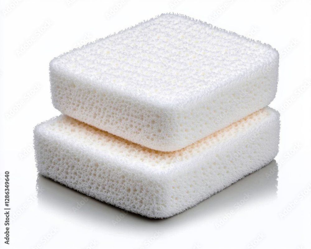 Poster two off white square blocks of open cell foam, stacked on a reflective white surface. the foam has a