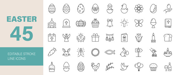 Easter line Editable Icons set. Vector illustration for web and mobile app. Christianity related icons: Spring, holidays, Christ, God, church, decoration, Religion, Easter eggs, Bible, dove and more.
