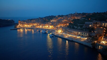 Coastal Town Night Lights Harbor Boats