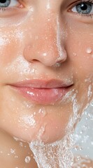 Fototapeta premium Close up of a young woman's face with water splashing, showcasing healthy skin and a gentle smile. Soft lighting enhances the fresh, clean look. The