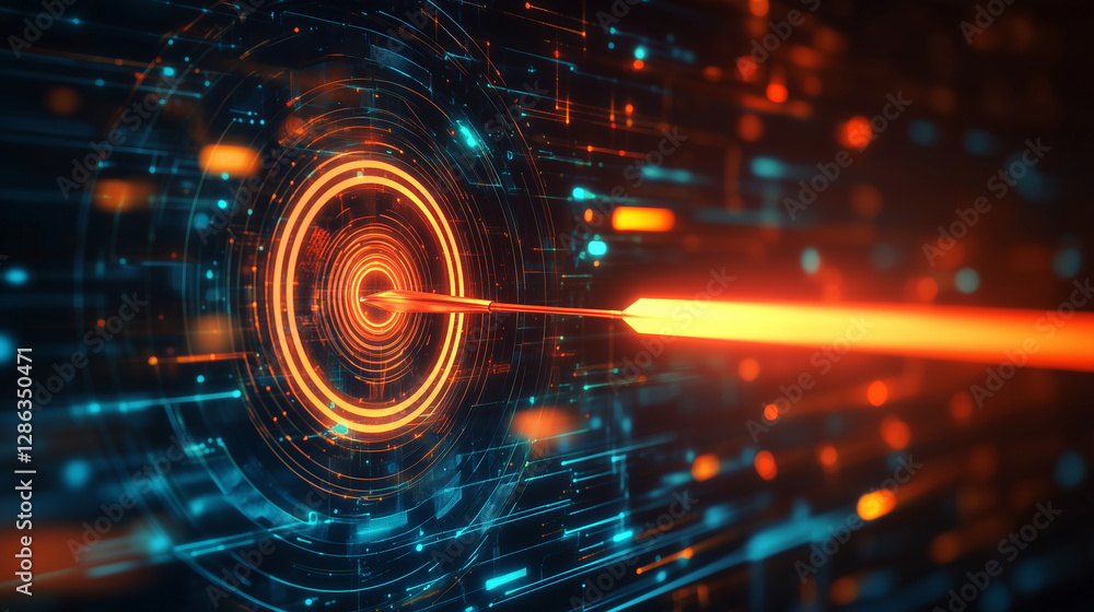 Poster futuristic digital target achieved arrow hitting illuminated network data bullseye