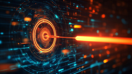 Futuristic Digital Target Achieved Arrow Hitting Illuminated Network Data Bullseye