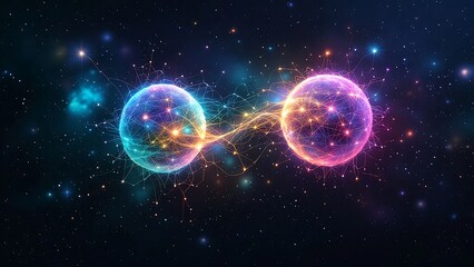 Obraz premium Quantum Entanglement of Energy Spheres in a Cosmic Digital Universe with Vibrant Connections