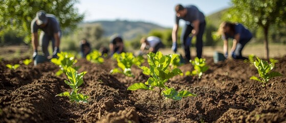 Corporate Employees Engaging in Tree Planting Activity for Environmental Sustainability Initiative