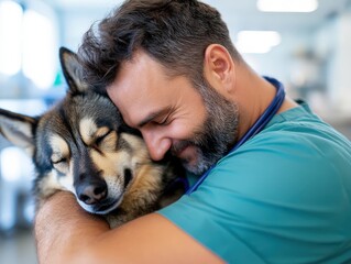 A heartwarming scene depicting a man lovingly embracing his dog, showcasing the deep emotional bond shared between humans and their pets in a cozy, candid moment.