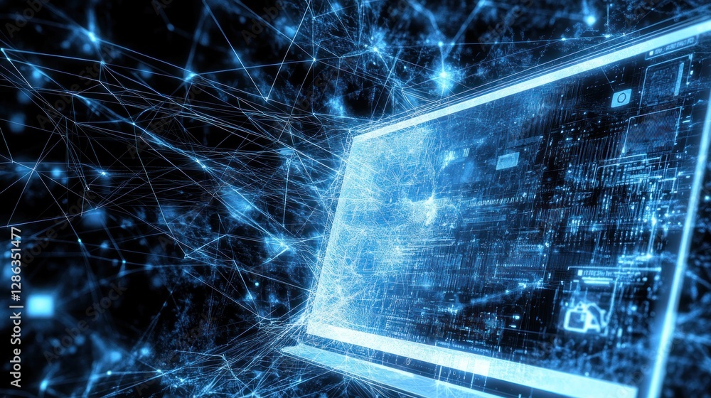Poster computer display showing abstract network connections in glowing blue hue