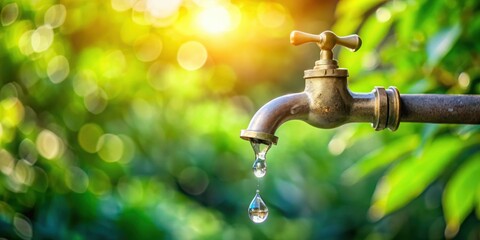 Water droplets slowly dripping from a leaky outdoor tap on a scorching summer day amidst lush greenery, symbolizing water scarcity and ban , summer drought, nature scene