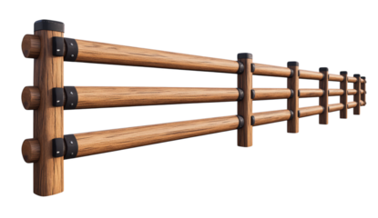 Wooden fence with round posts and metal brackets for outdoor landscaping