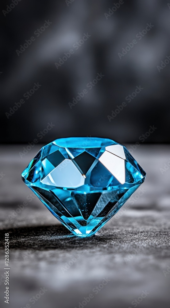 Poster close up view of a sparkling,faceted light blue gemstone resting on a dark textured surface, with a 
