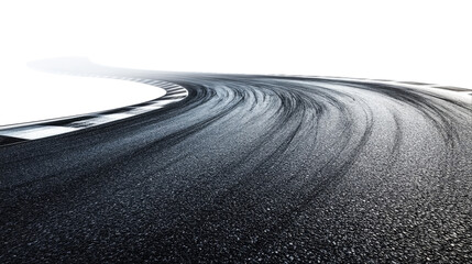 Winding road with tire marks surrounded by fog isolated on transparent background, PNG