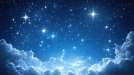 Obraz premium Abstract dreamy sky with floating clouds and sparkling stars in various shades of blue, creating a peaceful cosmic scene