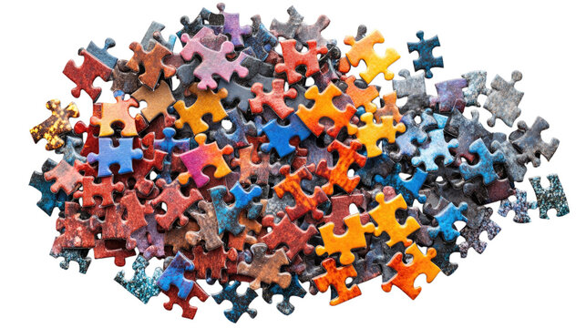 Colorful jigsaw puzzle pieces scattered on a white surface isolated on transparent background, PNG