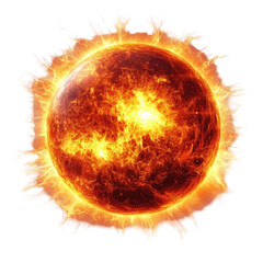 Bright sun with fiery rays shining in a clear sky isolated on transparent background, PNG