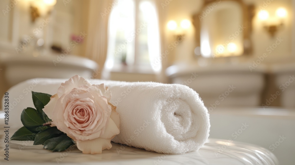 Poster neatly arranged towels on a table, elegantly topped with a single rose, creating a serene and inviti