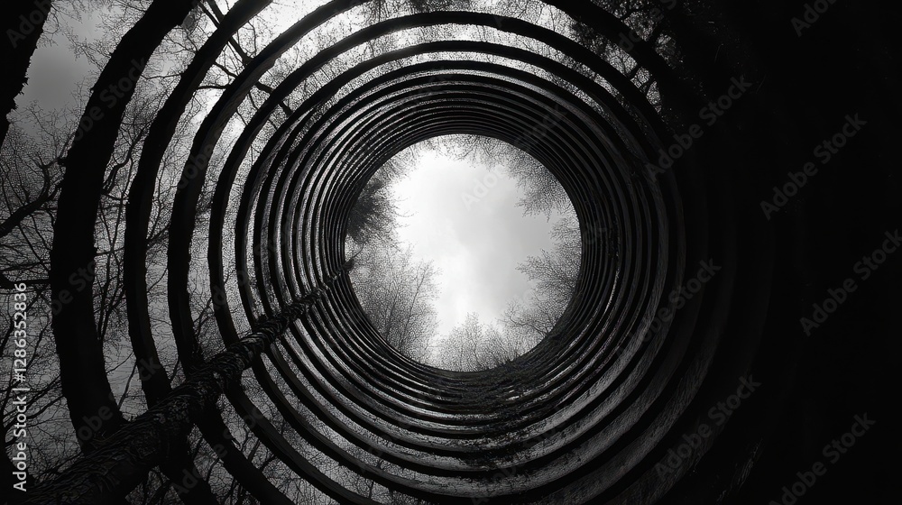 Poster aerial view showcasing a circular structure surrounded by lush trees, emphasizing the harmony betwee