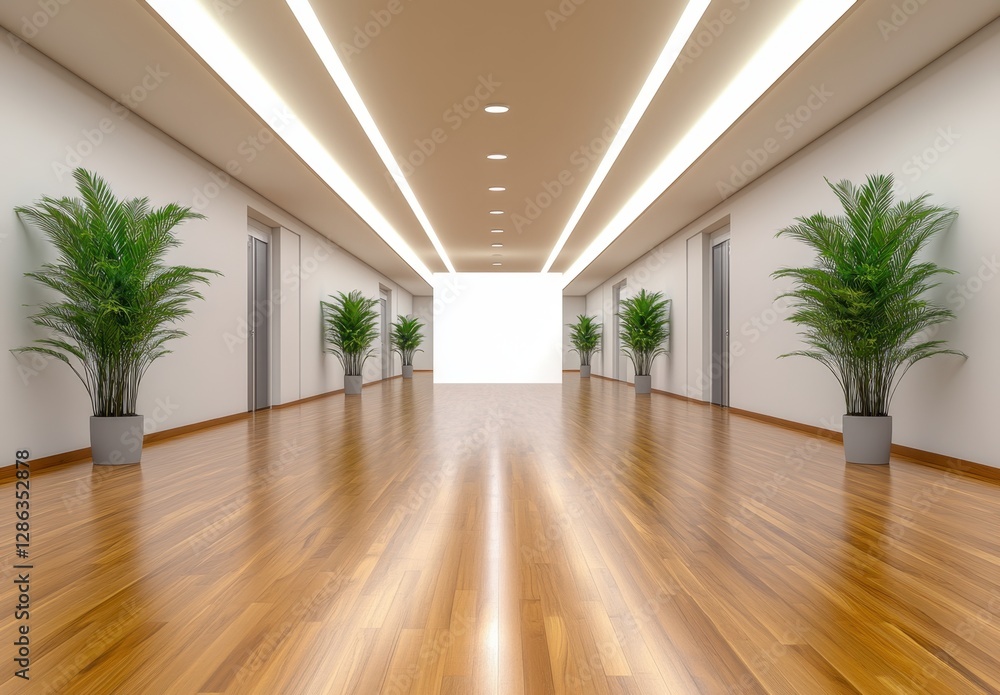 Canvas Prints Brightly lit hallway with hardwood floors, potted plants, and elevator doors. Clean, modern design. A sense of spaciousness and calm