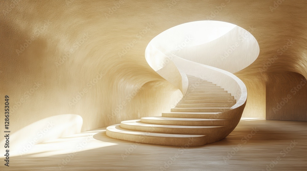 Poster a staircase ascends towards a bright light within a warmly lit room, creating an inviting and serene
