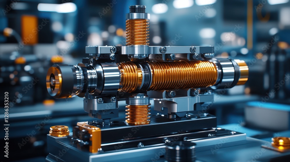 Poster a detailed close-up of a machine showcasing a prominent large coil, highlighting its intricate desig