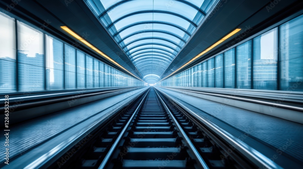Poster aerial view showcasing a train track leading into a tunnel, emphasizing the contrast between the nat