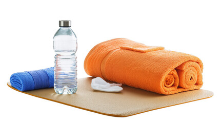 Orange and blue towels with water bottle on yoga mat for fitness and hydration