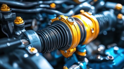 Obraz premium A vibrant close-up of a yellow and black motorcycle showcasing its sleek design and intricate details, capturing the essence of modern engineering.