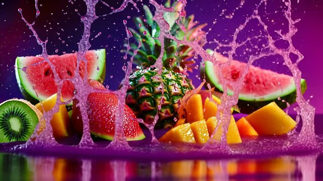 Vibrant tropical fruit splash with watermelon, pineapple, and citrus explosion