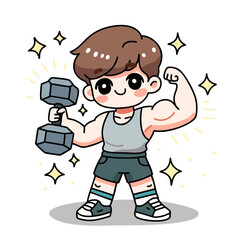 Chibi-style boy in workout attire lifts a dumbbell and flexes his muscles. For fitness, motivation, and strength themes.