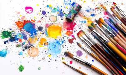 Obraz premium Paintbrushes on canvas with colorful splatters, ready for art creation