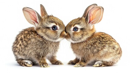 Obraz premium Two adorable baby rabbits kissing on a white background, detailed illustration of love and affection