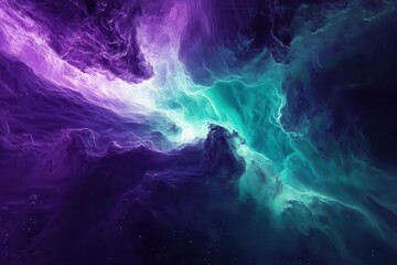 a shimmering aurora of cosmic energy swirls through dark space creating ethereal wisps of iridescent light and mysterious nebulous formations rendered in vibrant purples and teals