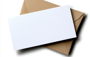 Blank white card rests on a kraft brown envelope, isolated on white background. Simple, clean design, ideal for messaging or announcements