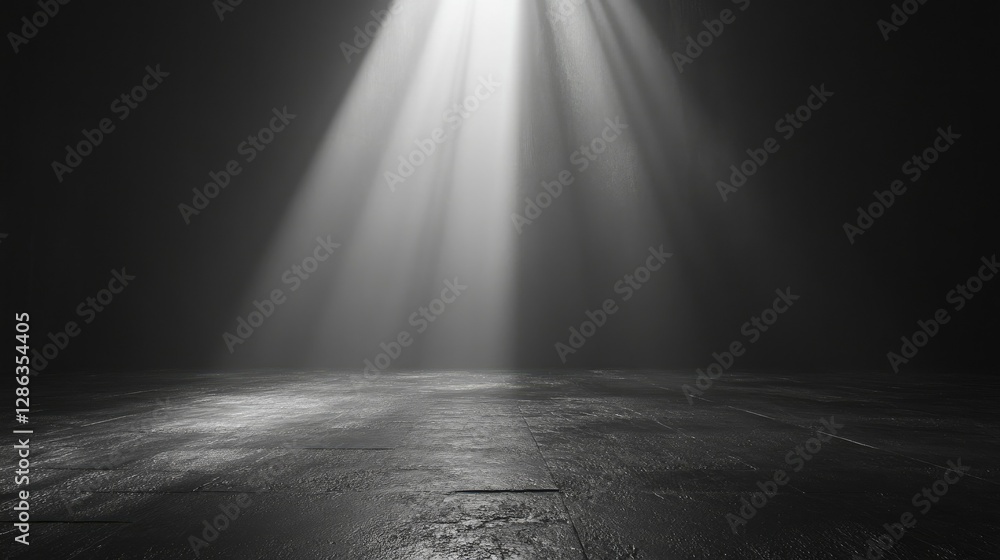 Poster black foggy room with a glowing light source barely illuminating the rough floor texture