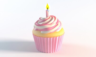 Pink cupcake with lit candle on white background, ideal for birthday celebrations