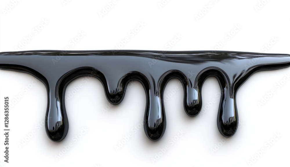 Poster black liquid dripping down on white background. glossy texture, close up view. abstract, fluid, and 
