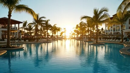 Obraz premium Luxury Resort Pool with Palm Trees and Sunset Glow for Relaxing Vacation