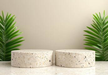 Two round beige terrazzo podiums sit on a light beige surface, flanked by lush green palm fronds against a neutral background. Clean, minimalist