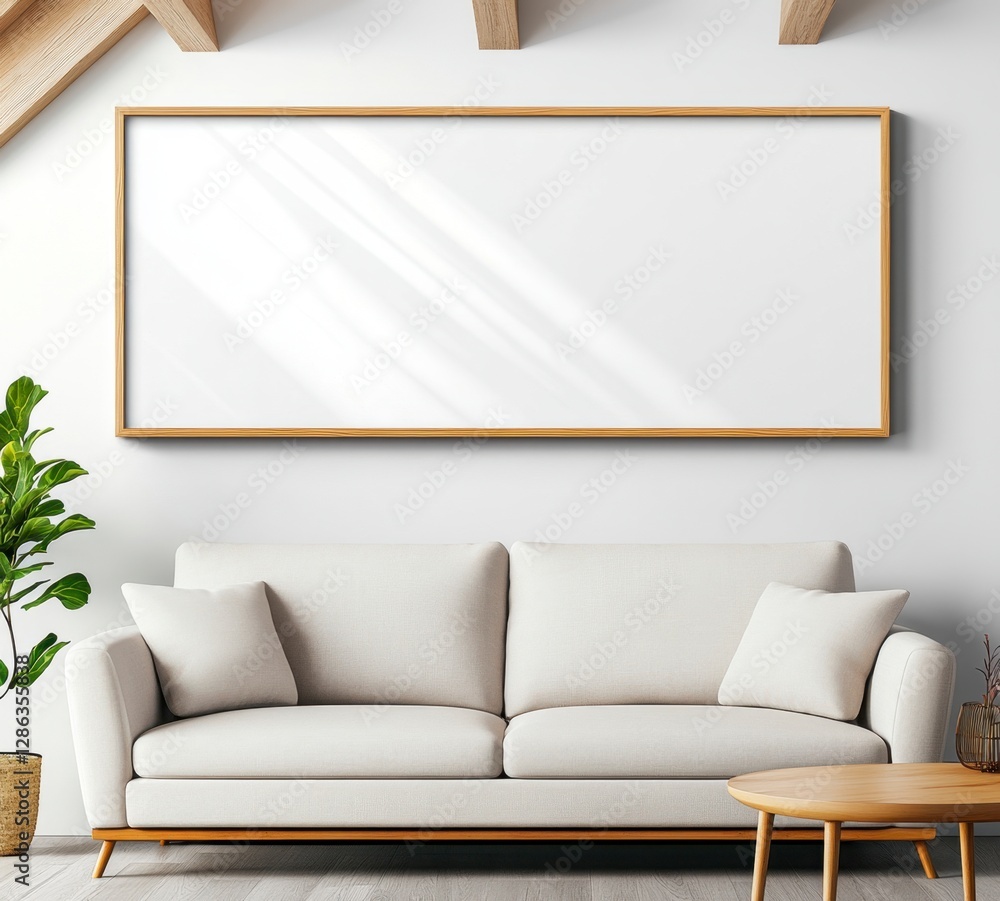 Poster a light beige sofa sits in a minimalist room with a large, blank rectangular frame on the wall. sunl